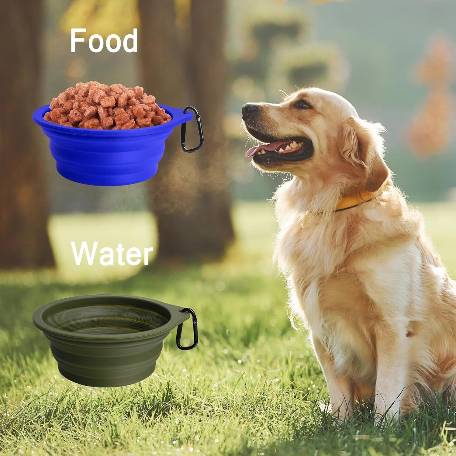 2-Pack Silicone Collapsible Dog Bowls, BPA Free Dishwasher Safe, Portable Foldable Expandable Travel Bowl, Food Water Feeding Cup Dish for Dogs Cats with 2 Carabiners (Army Green, Blue)