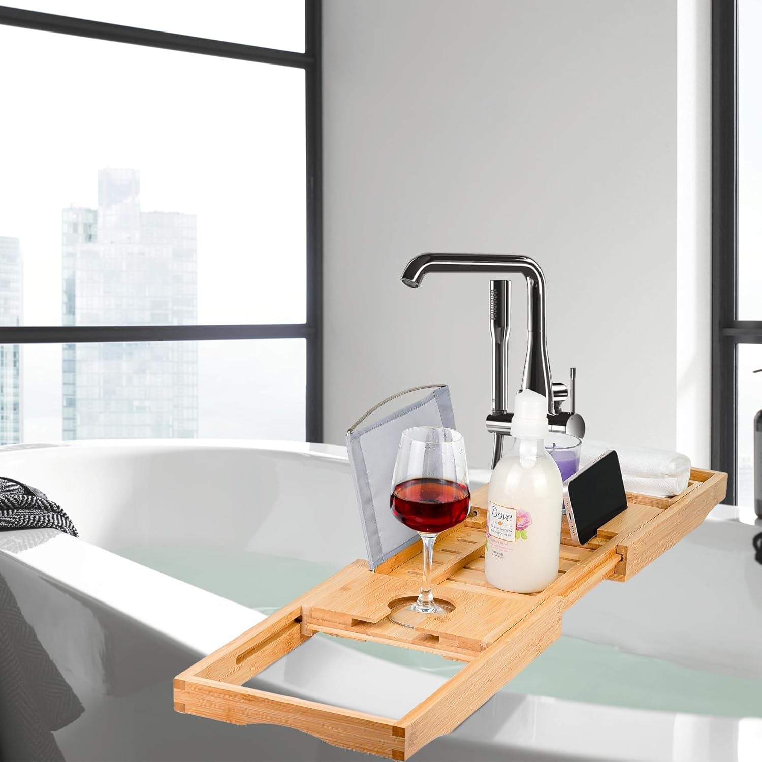 Bamboo Bathtub Caddy Tray Bath Tray for Tub, Adjustable Bathroom Bathtub Organizer with Book Tablet Wine Glass Cup Towel Holder