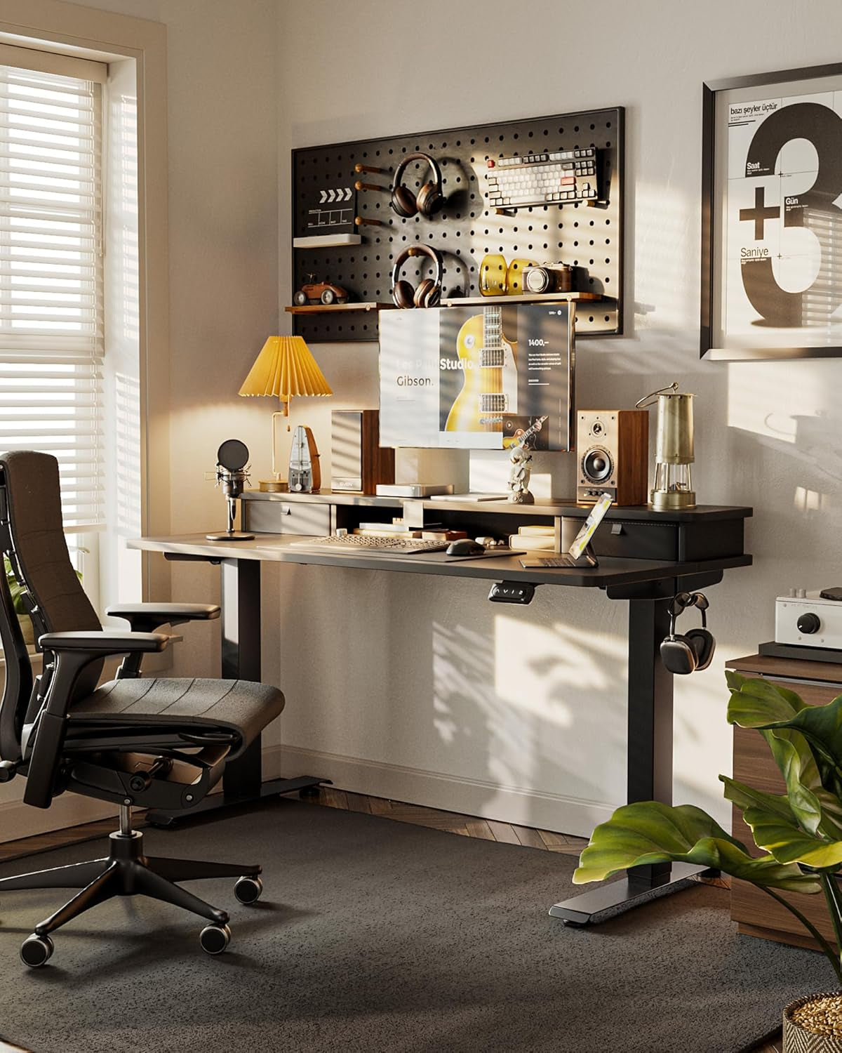 40'' X 24'' Height Adjustable Electric Standing Desk with Double Drawer, Height Adjustable Computer Desk, Home Office Stand up Table with 4 Height-Adjustable Feets & 2 Hooks, Black