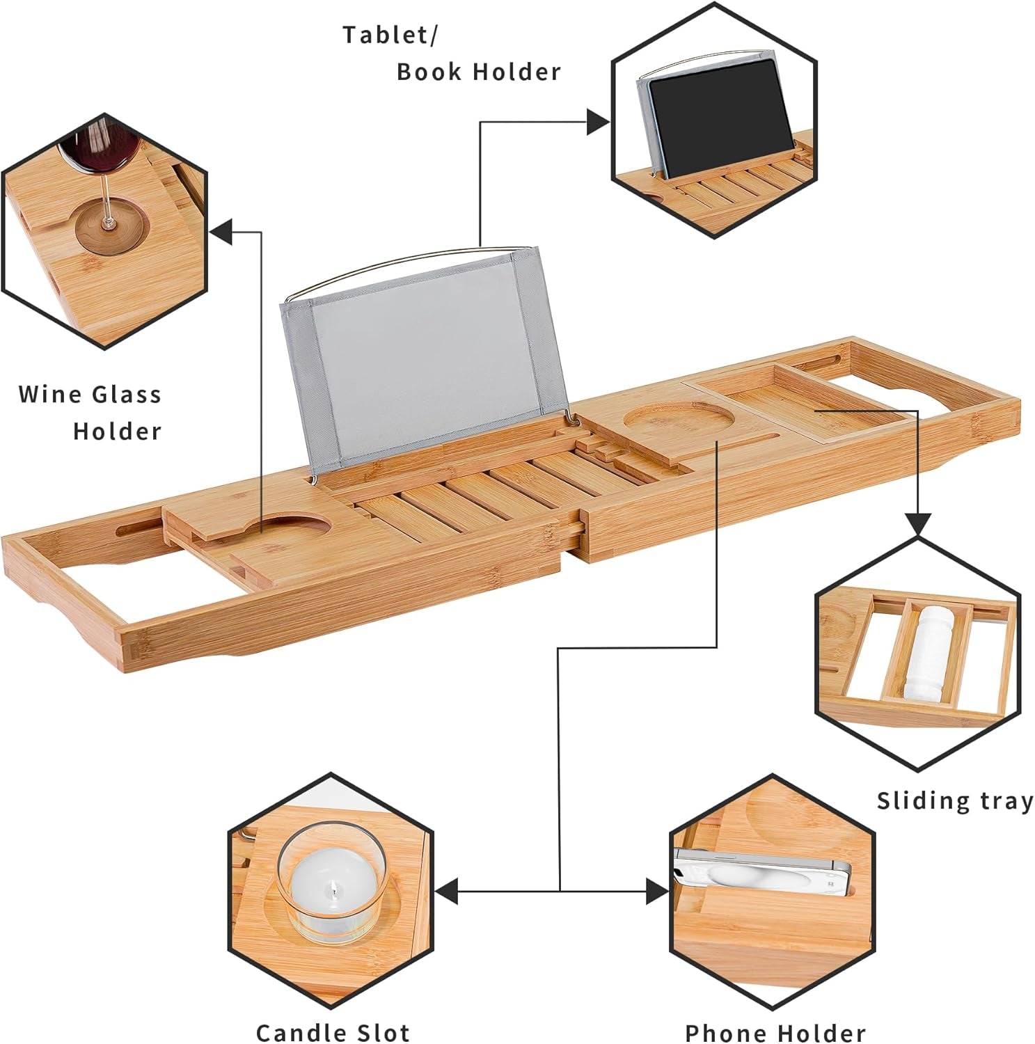 Bamboo Bathtub Caddy Tray Bath Tray for Tub, Adjustable Bathroom Bathtub Organizer with Book Tablet Wine Glass Cup Towel Holder