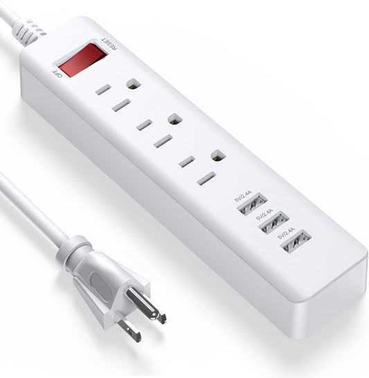 Power Strip 3 Outlets with 3 Fast Charging USB Ports, 5Ft Extension Cord with USB Ports (5V/2.4AX3) for Indoor,1625W/13A (1 PCS)