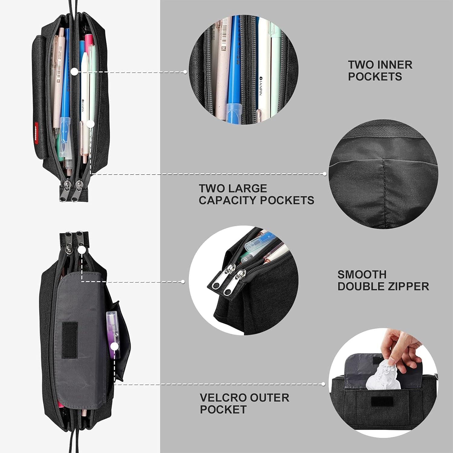 Pencil Case with Two Large Compartment Pockets Large Capacity Pencil Pouch Pencil Pouch Cosmetic Bag School Supplies Office Stationery Storage Gift for Students Girls Boys Adults Teenagers-Black