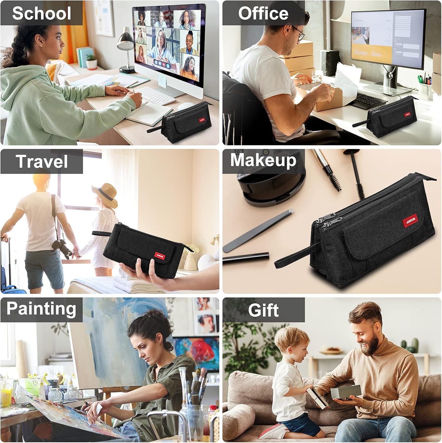 Pencil Case with Two Large Compartment Pockets Large Capacity Pencil Pouch Pencil Pouch Cosmetic Bag School Supplies Office Stationery Storage Gift for Students Girls Boys Adults Teenagers-Black