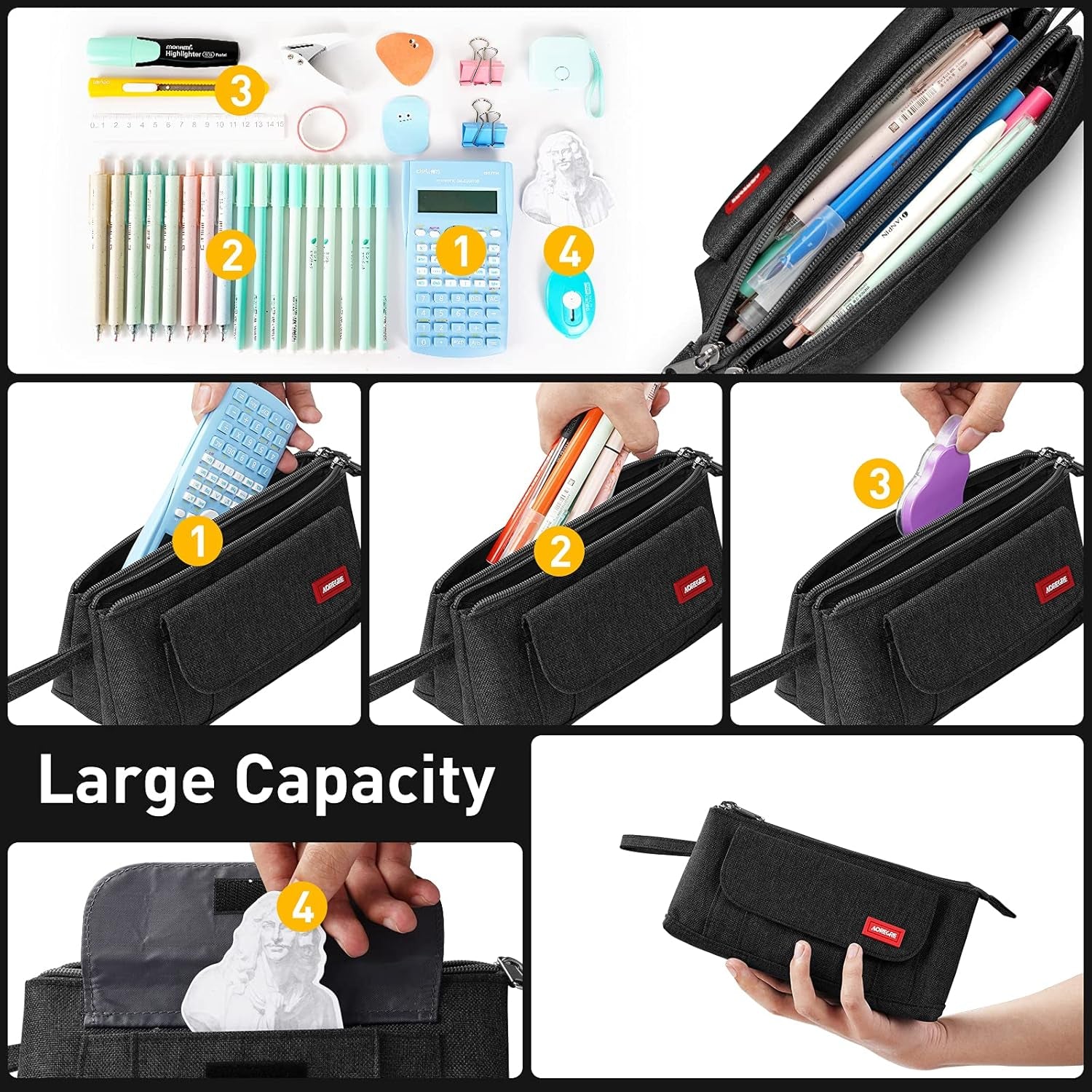 Pencil Case with Two Large Compartment Pockets Large Capacity Pencil Pouch Pencil Pouch Cosmetic Bag School Supplies Office Stationery Storage Gift for Students Girls Boys Adults Teenagers-Black
