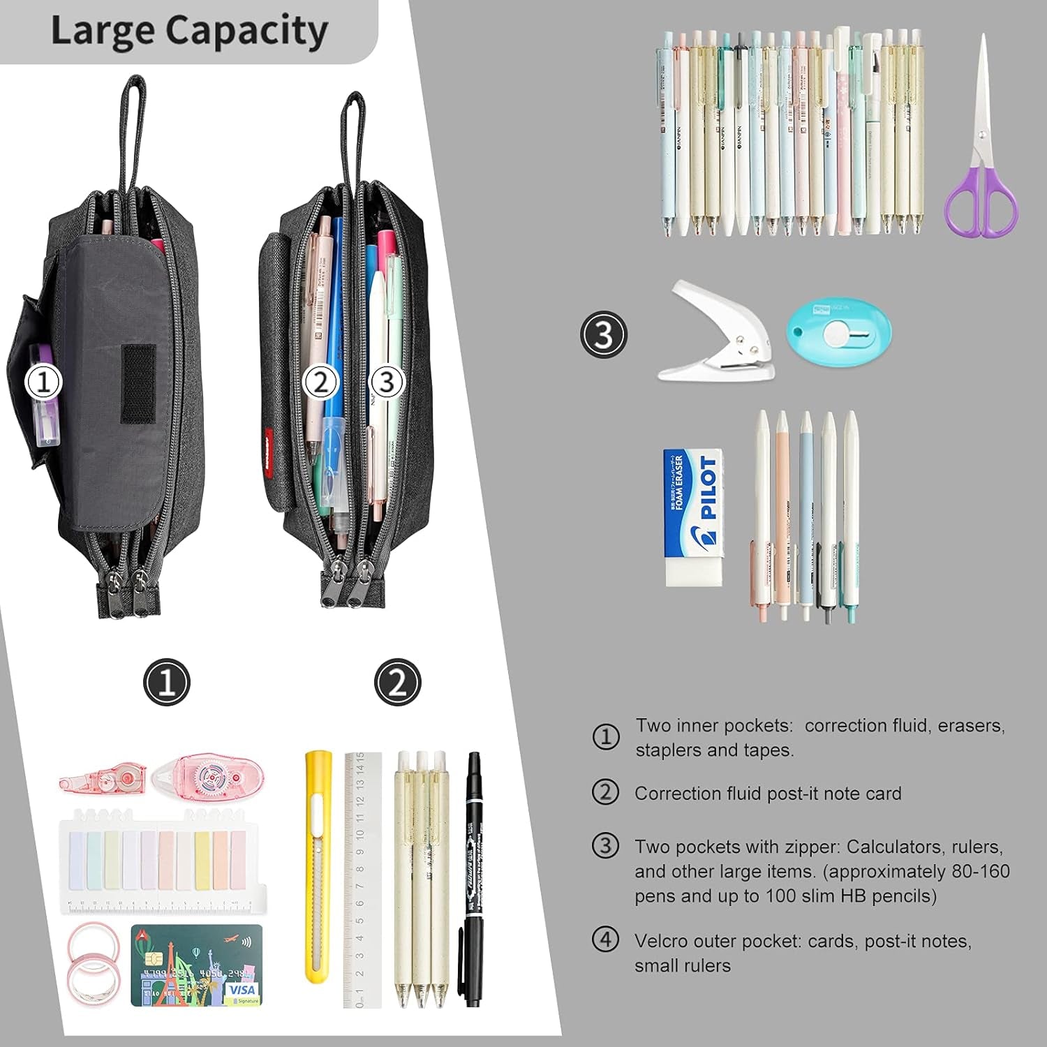 Pencil Case with Two Large Compartment Pockets Large Capacity Pencil Pouch Pencil Pouch Cosmetic Bag School Supplies Office Stationery Storage Gift for Students Girls Boys Adults Teenagers-Black