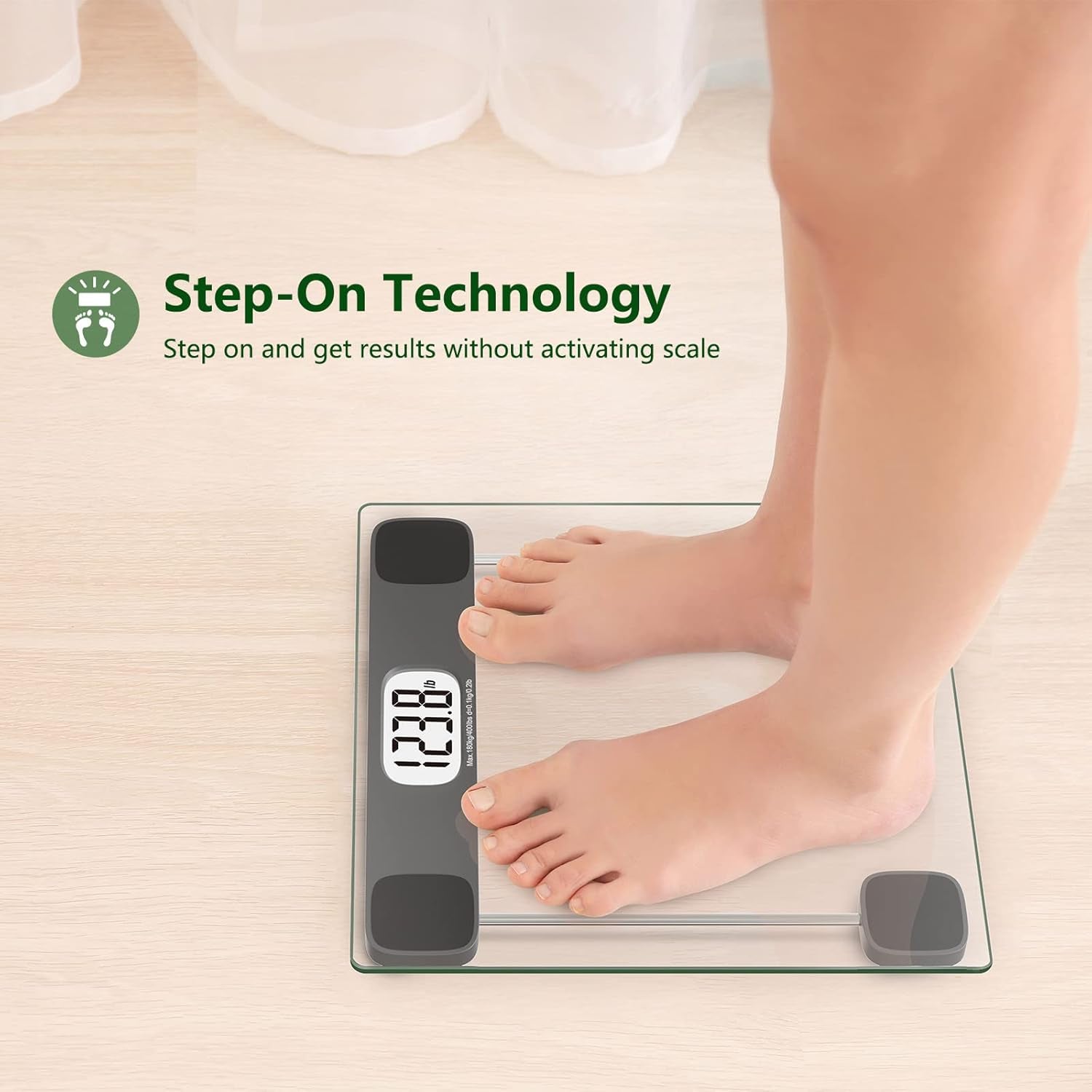 Scale for Body Weight Digital Bathroom Scale Accurate Weighing Machine for People, High Precision Bath Scale, Step On, Tempered Glass LCD Display Batteries and Tape Measure Included, 400Lbs