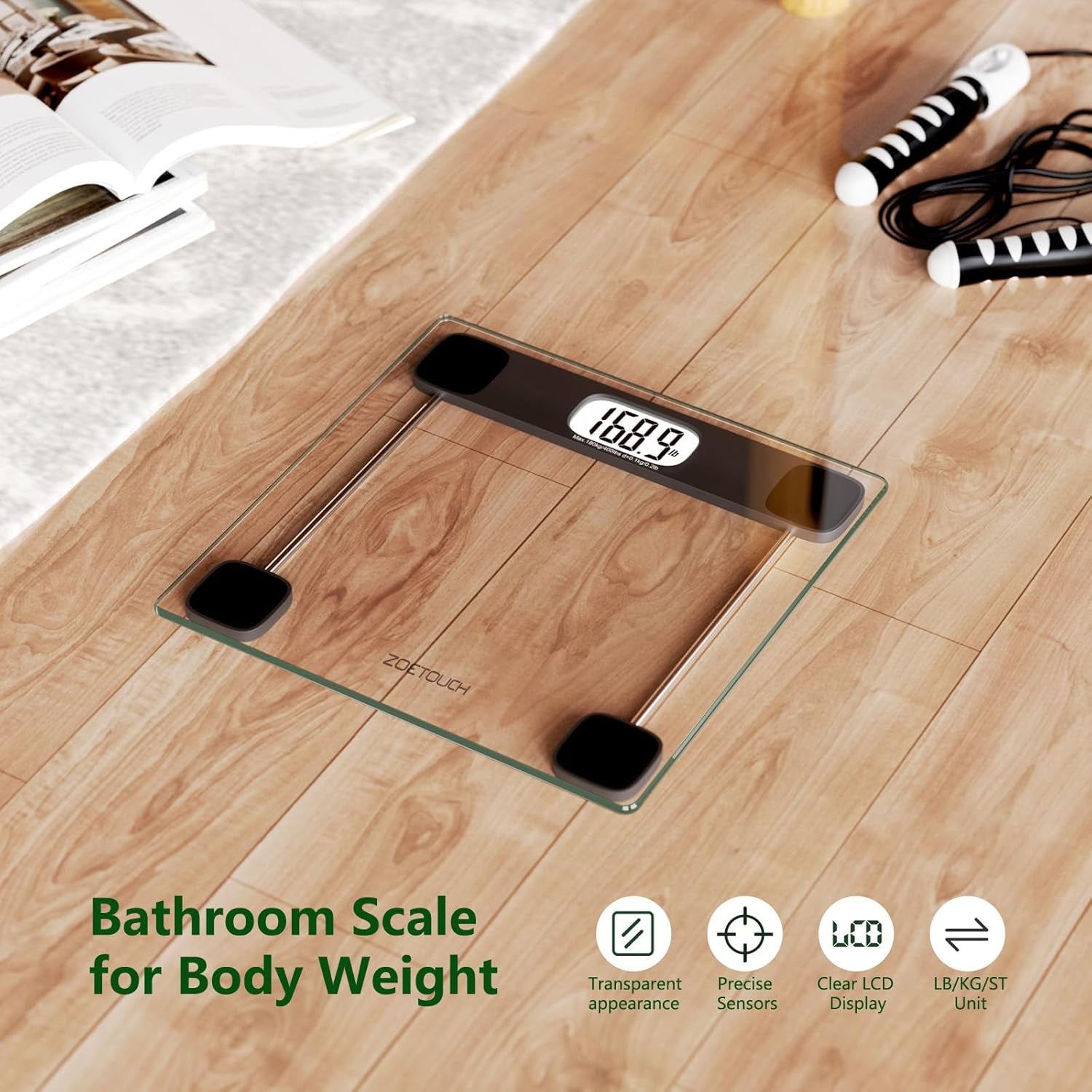 Scale for Body Weight Digital Bathroom Scale Accurate Weighing Machine for People, High Precision Bath Scale, Step On, Tempered Glass LCD Display Batteries and Tape Measure Included, 400Lbs