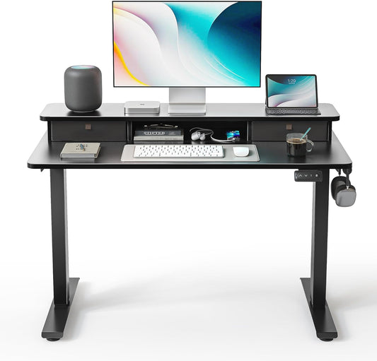 40'' X 24'' Height Adjustable Electric Standing Desk with Double Drawer, Height Adjustable Computer Desk, Home Office Stand up Table with 4 Height-Adjustable Feets & 2 Hooks, Black
