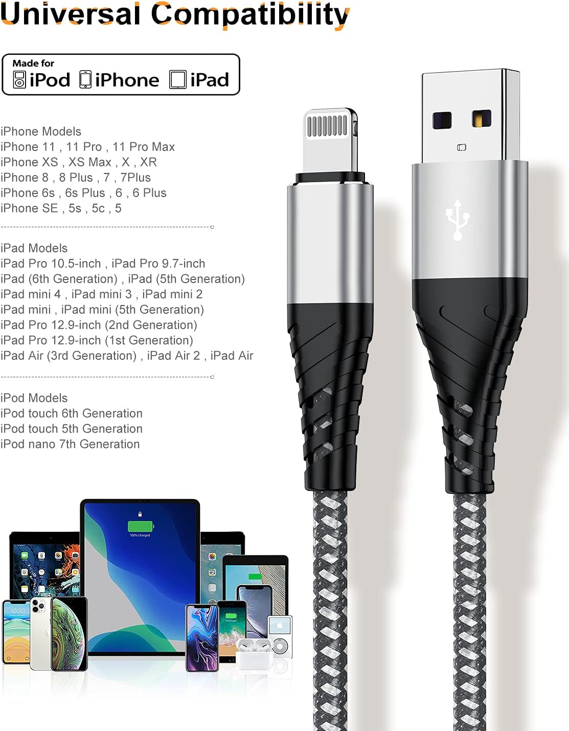 Long Iphone Charger Cord 10 FT, [MFI Certified] 10 Foot USB Lightning Cable,10 Feet Fast Charger Nylon Braided USB Iphone Cord for Iphone 13 12 11 Pro X XS Max XR/8 Plus/7 Plus/6/6S Plus-Sliver